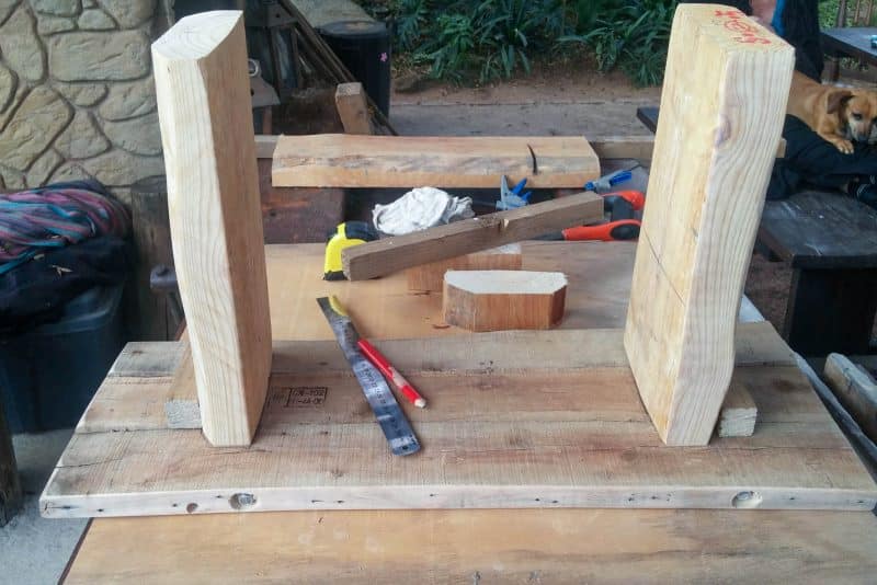A view of the bottom of the pallet side table before adding the legs