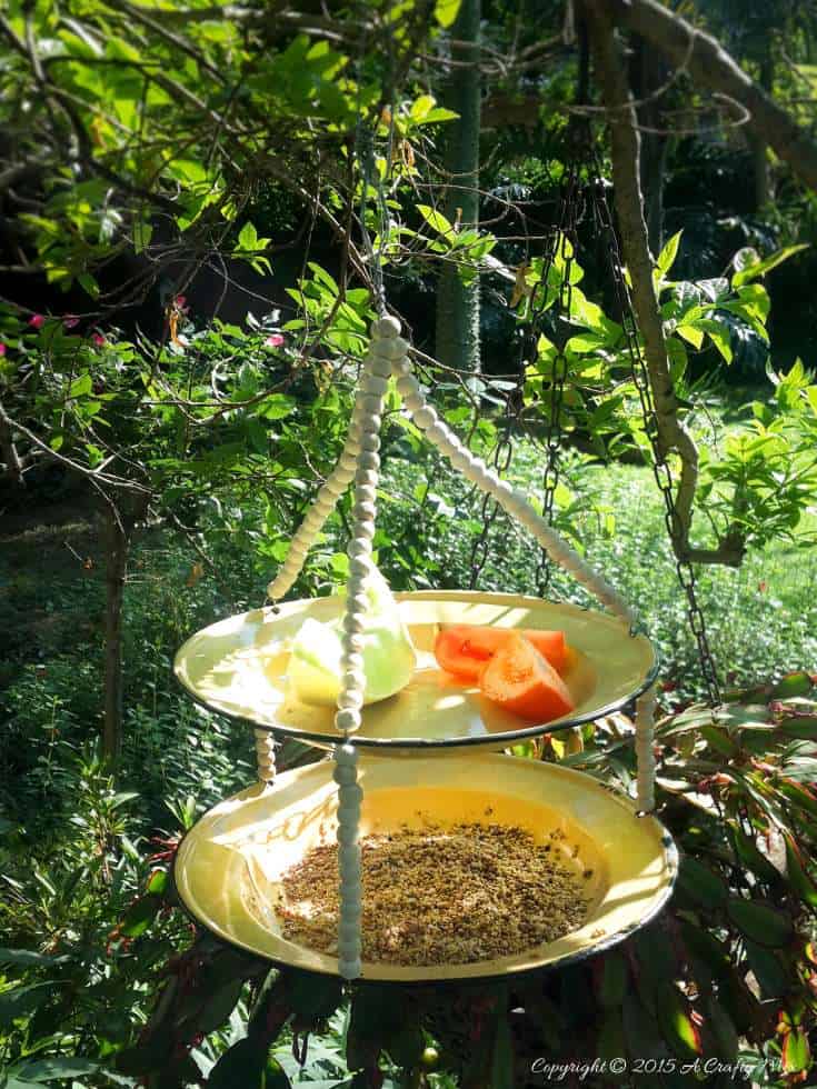 DIY an enamel plate bird feeder. Quick and Easy Garden Craft #BirdFeeder #EnamelPlateRepurpose #GardenCrafts #EnamelBirdFeeder #ACraftyMix
