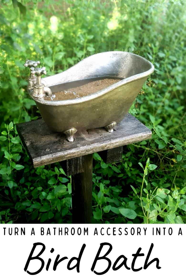 How to repurpose a bathroom accessory into a unique bird bath feature. #DIYOutdoors #BirdBathDIY #ACraftyMix #GardenFeature #Repupose