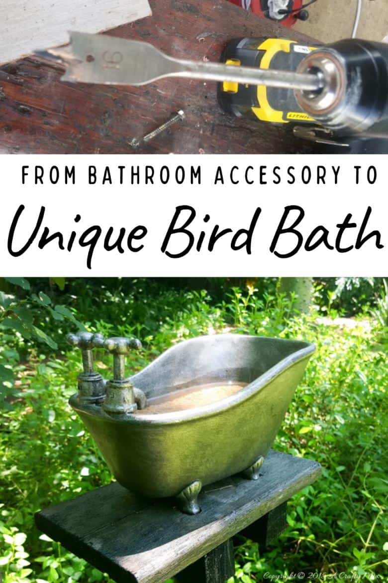 How to repurpose a bathroom accessory into a unique bird bath feature. #DIYOutdoors #BirdBathDIY #ACraftyMix #GardenFeature #Repupose