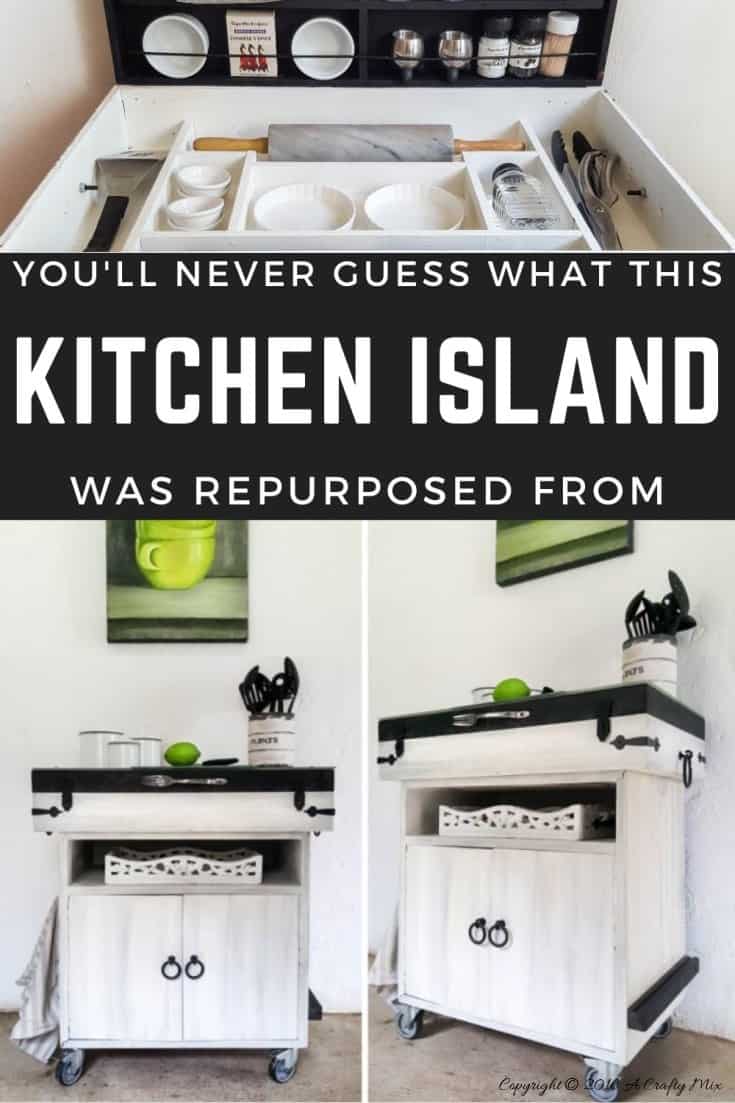 So many thrift store finds can be used to make a kitchen island. I bet you'll never guess what we used to make this one #KitchenIslandDIY #Repurposed #ACraftyMix #ThriftStoreFinds