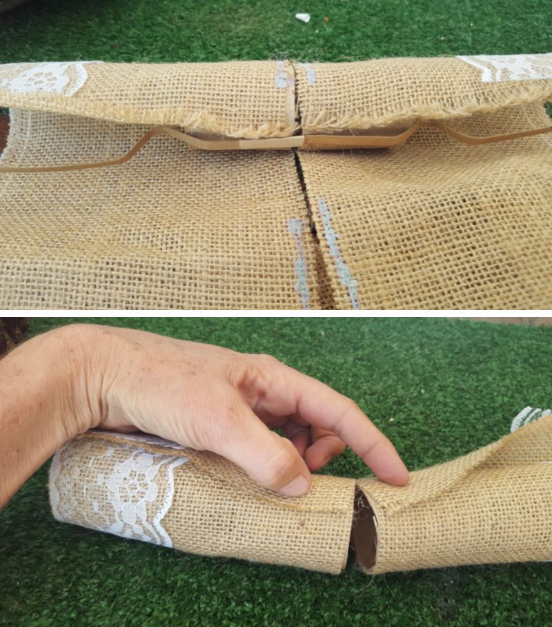 Roll the fabric around the toilet roll and add the cracker strip