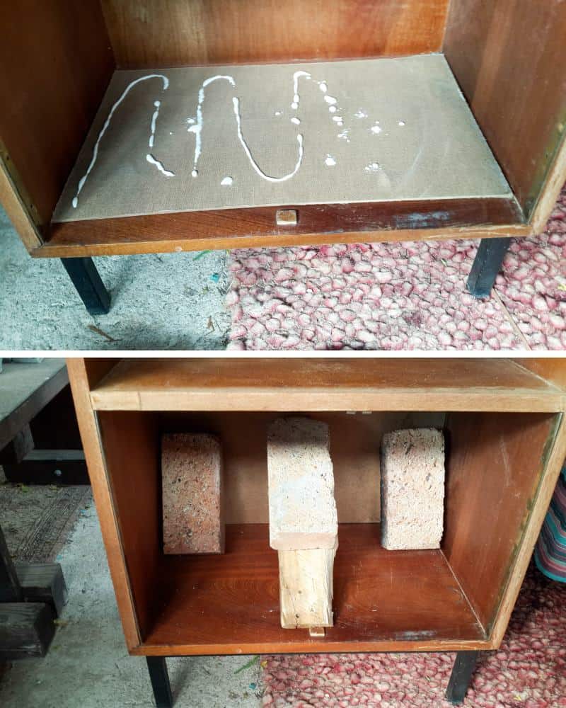 So many thrift store finds can be used to make a kitchen island. Here we used a fishing tackle box and office storage to create this one. #KitchenIslandDIY #Repurposed #ACraftyMix #ThriftStoreFinds