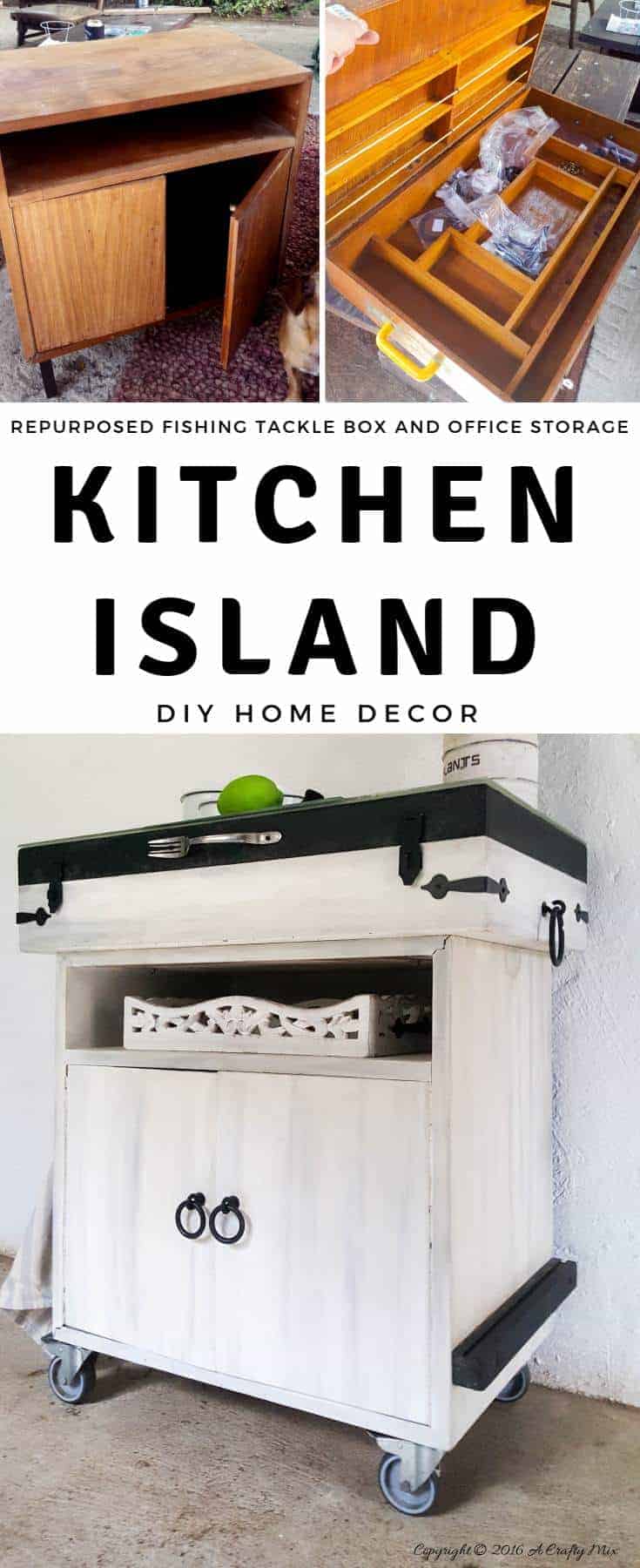 When two totally unrelated things come together they make magic. Kitchen Island kinda magic. A fishing tackle box and old office storage are repurposed into this beautiful island. #DIYHomeDecor #DIYKitchenIsland #RepurposingIdeas #FishingTackleBox