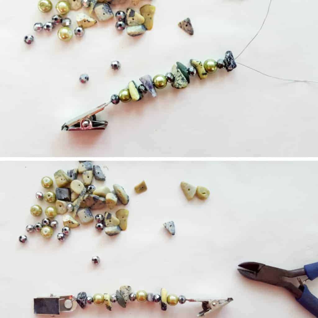FInd a selection of beads and string onto the wire #tableclothweights #tabledecor #DIYTableClothWeights #SpringDecor