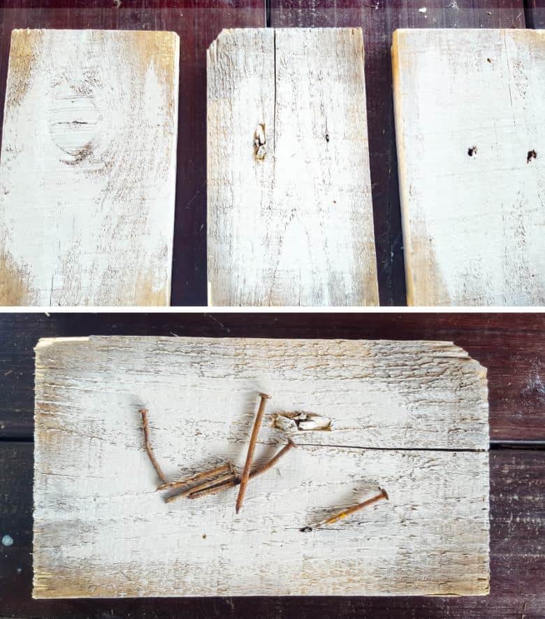The primitive hearts can be hung from a rustic piece of scrap wood. I used pallet off-cuts