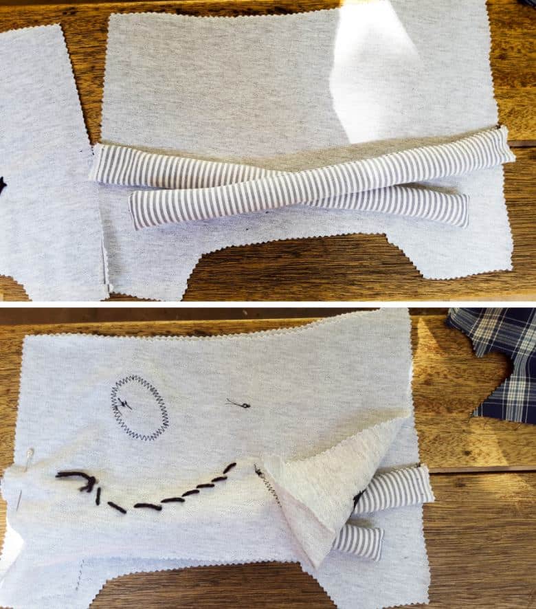 Place the arms on one of the body pieces and lay the second piece on top