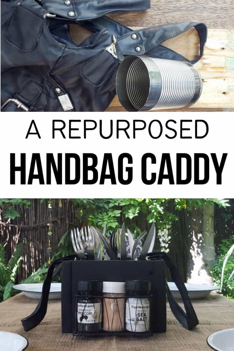 Don&rsquo;t throw that old handbag out until you&rsquo;ve seen how easy it is to repurpose into a functional picnic caddy. #picniccaddy #Repurpose #tincan #ACraftyMix #DIYCaddy