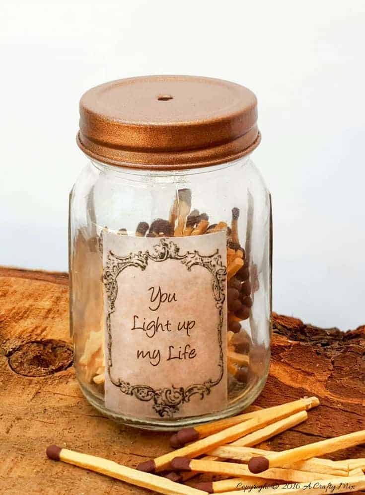 A quick and easy gift idea for the special men in your life. These cute mason jar matchstick holders are sure to light up their lives. #giftideas #DIYGiftsmen #giftideasmen #acraftymix