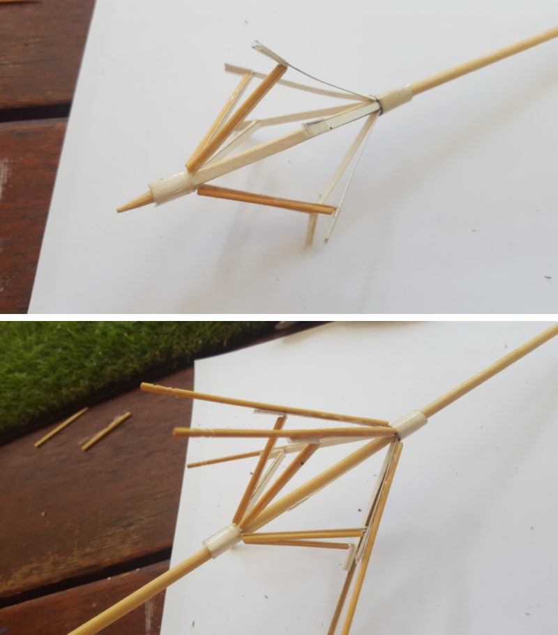 Glue toothpicks on to the umbrella mechanism