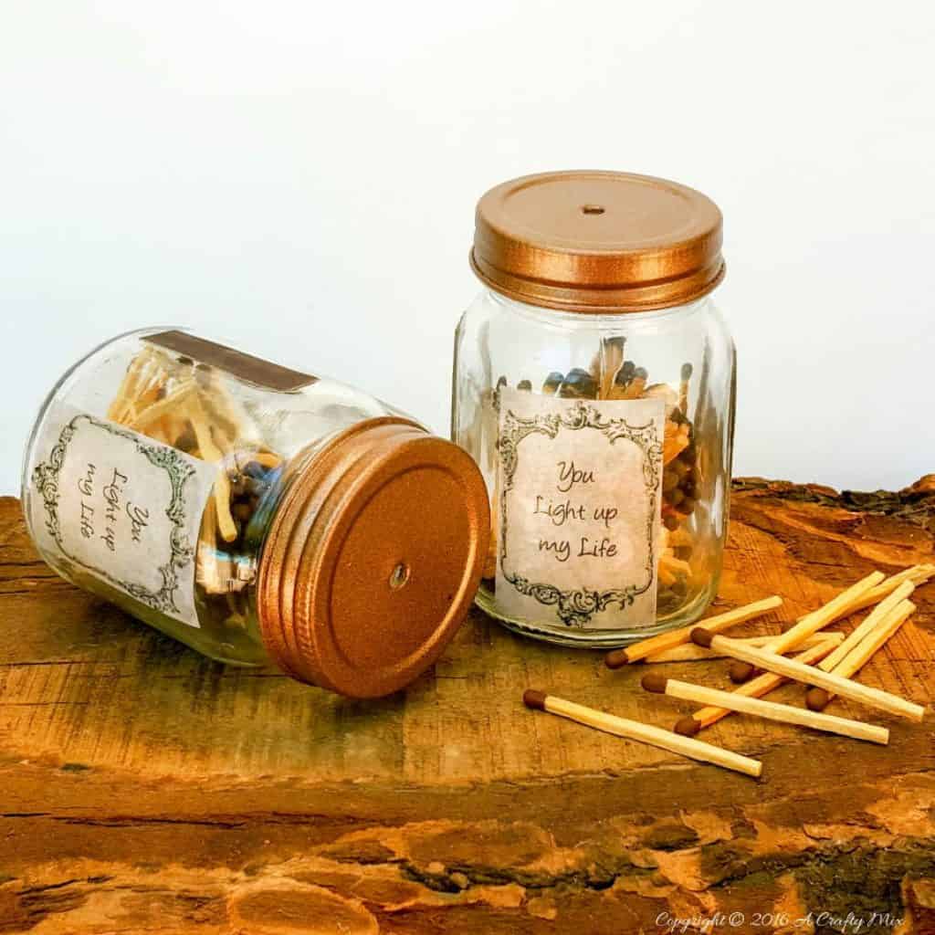 A quick and easy gift idea for the special men in your life. These cute mason jar matchstick holders are sure to light up their lives. #giftideas #DIYGiftsmen #giftideasmen #acraftymix
