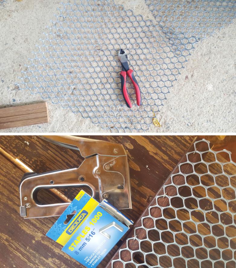 Cut the chicken wire to fit around three sides of the cut wooden edges