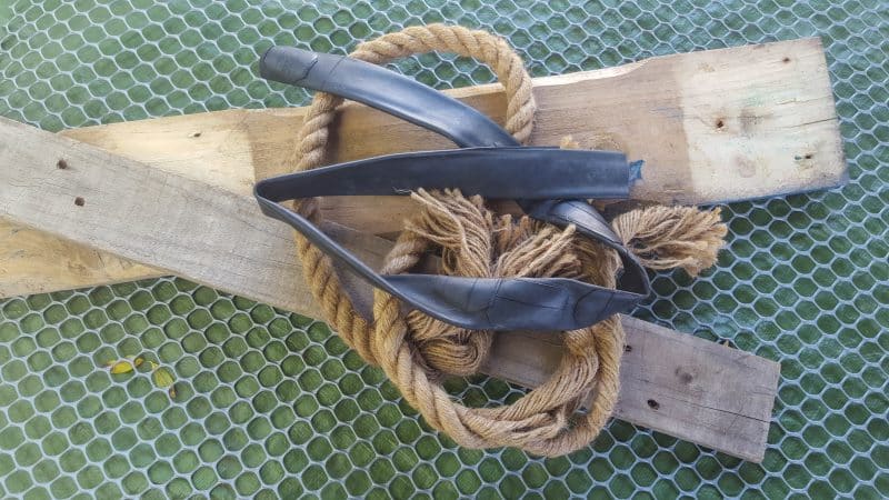 What you need to make a harvesting basket- pallet scraps, chicken wire, sisal rope, and bicycle tube inner