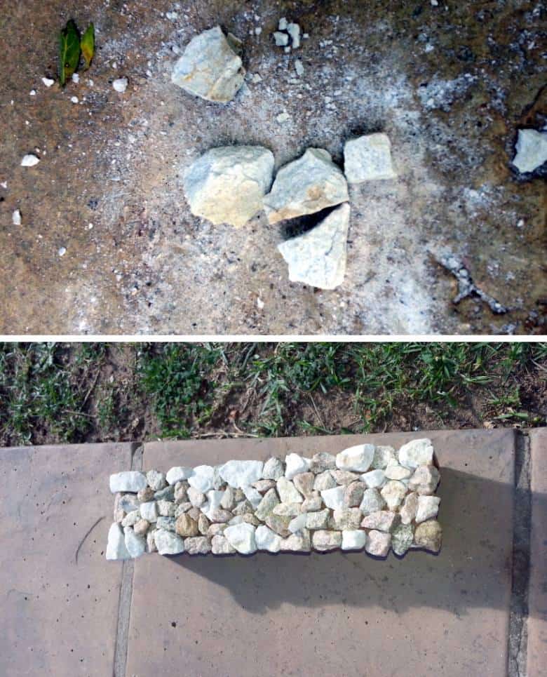 Glue small crushed rocks to the outside of the chimney