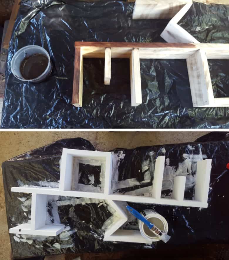Stain the HOME shelf with a water based stain and then paint on a layer of chalk paint