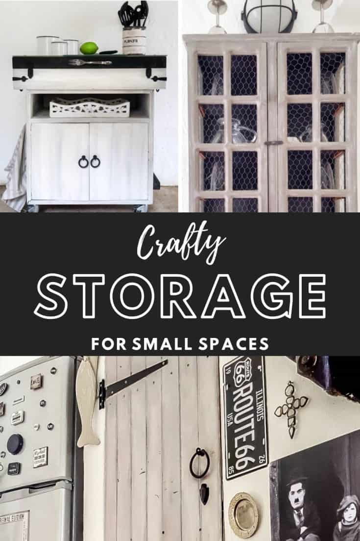 Use thrift store finds to create unique storage solutions for your space. #StorageSolutions #SmallSpace #CreativeStorage #ACraftyMix