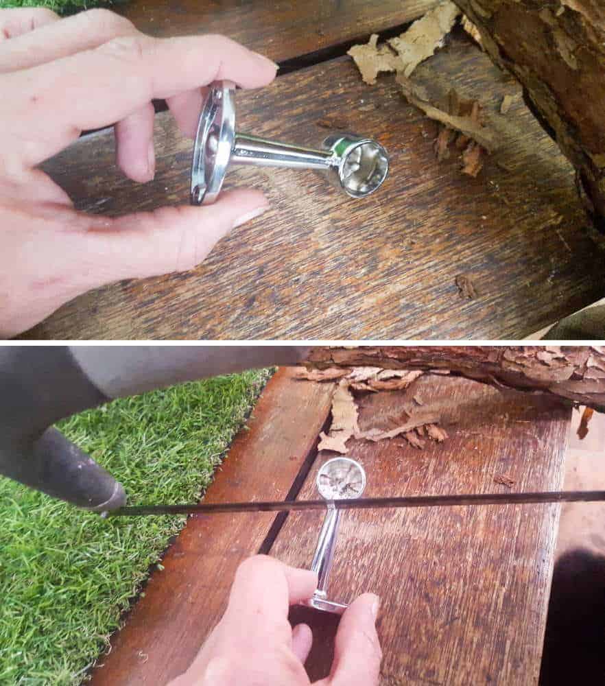 Cut the round bit off of the curtain rod accessory with a hacksaw #DIYHomeDecor #Branchtowelrack #branchrepurpose #DIYTutorial #DIYBathroomdecor