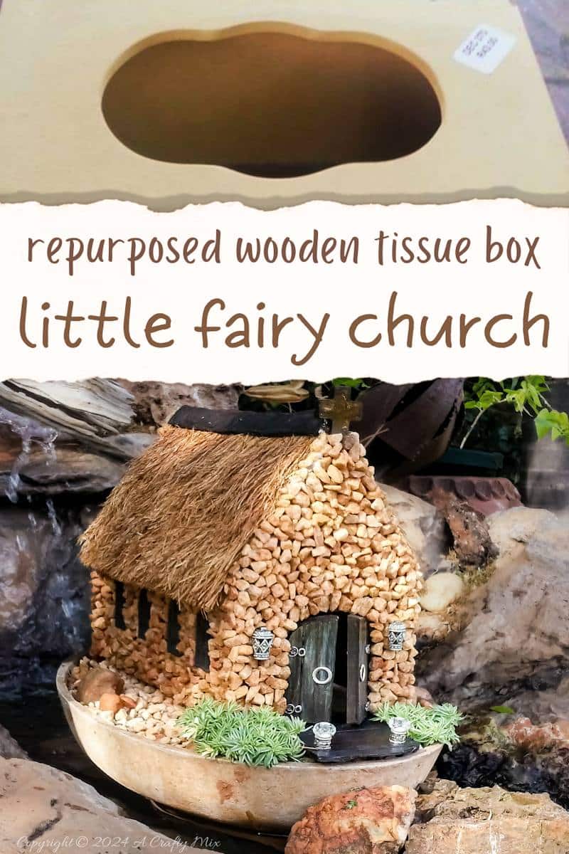 A beautiful addition to a fairy garden. This miniature church was made from a wooden tissue box and coconut fibre. We'll show you how it's done