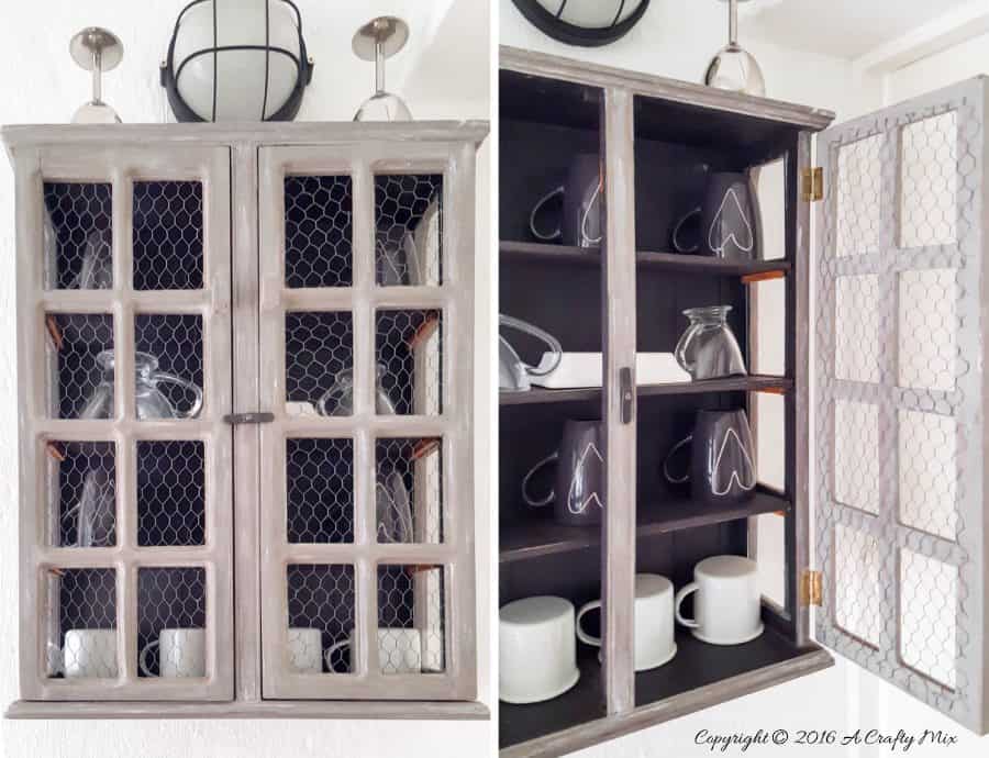 Another thrift store find hangs in the kitchen. We added chicken wire to create a farmhouse look. #ACraftymix #StorageSolutions #SmallSpace