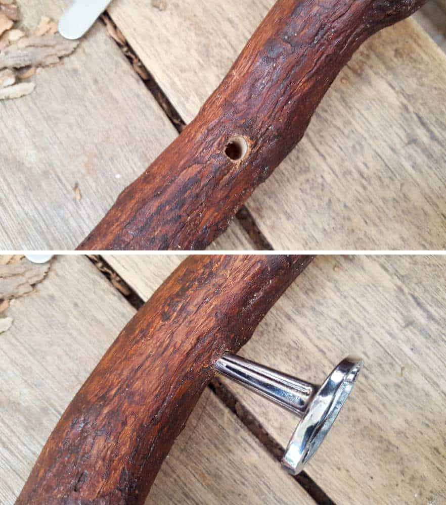 Drill a hole in the branch and insert the curtain accessory. #DIYHomeDecor #Branchtowelrack #branchrepurpose #DIYTutorial #DIYBathroomdecor
