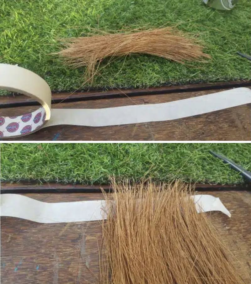 Use coconut fibre )coir) and masking tape to thatch the roof