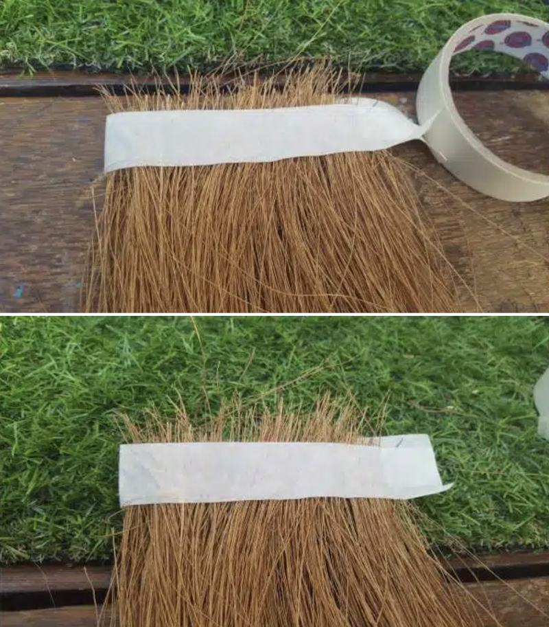 Use coconut fibre (coir) and masking tape to thatch the roof