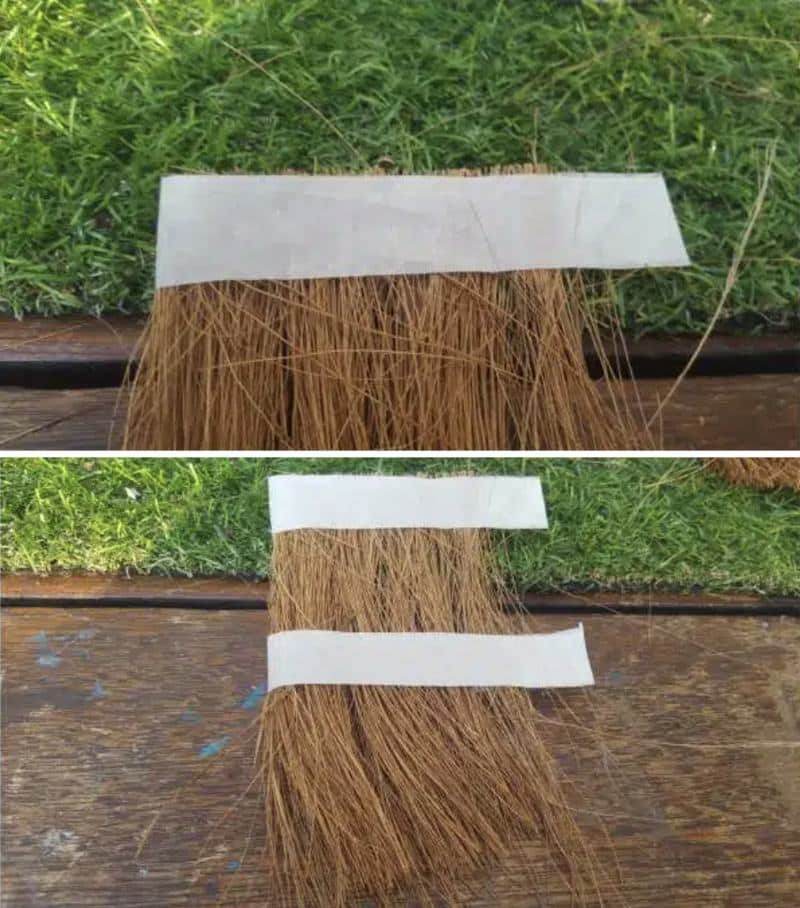 Use coconut fibre (coir) and masking tape to thatch the roof