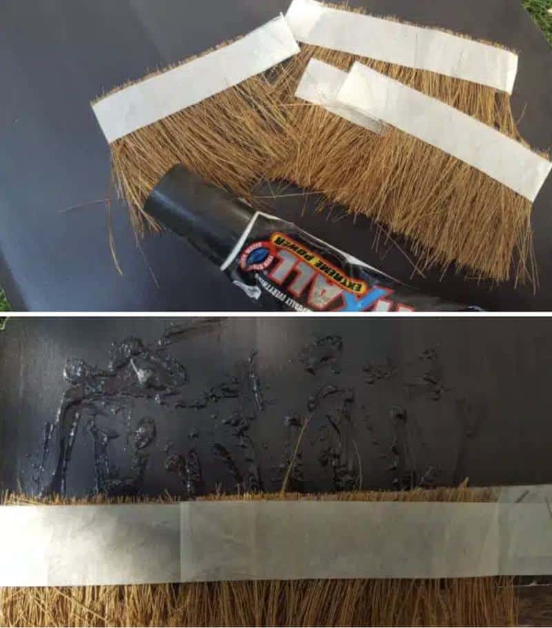 Use coconut fibre (coir) and masking tape to thatch the roof