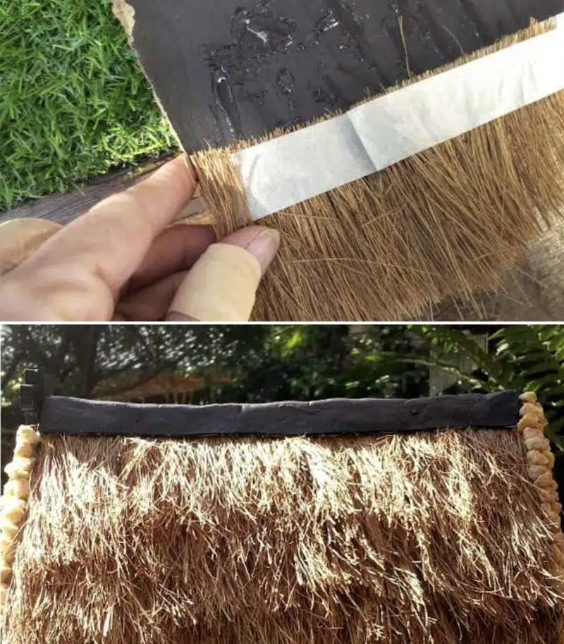 Use coconut fibre (coir) and masking tape to thatch the roof