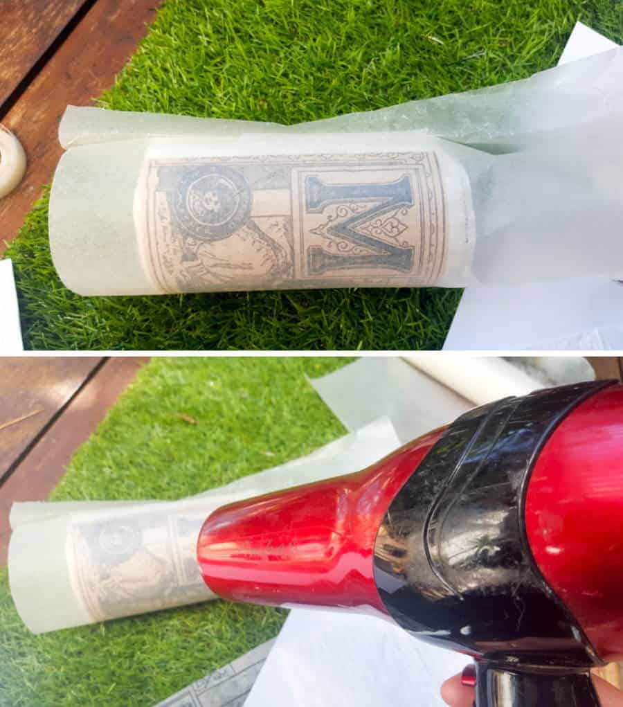 Wrap the candle in wax paper and use a hairdryer to melt the napkin #easycraft #candle #mothersday #giftidea #acraftymix #crafttutorial