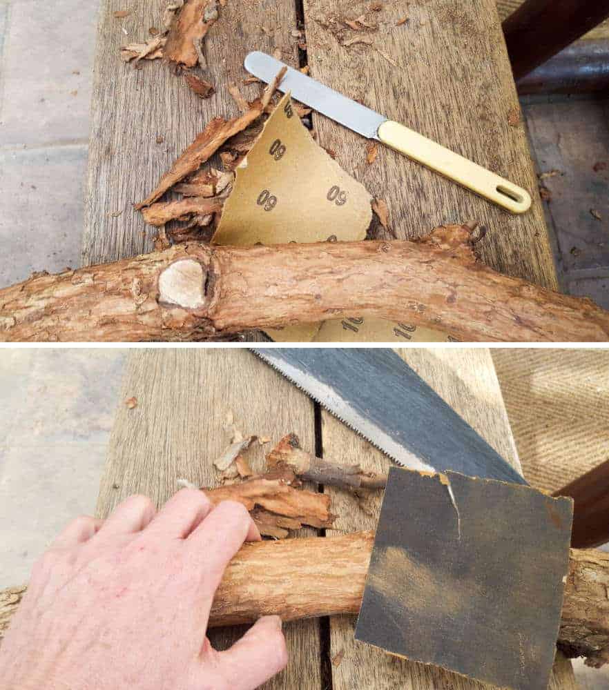 Sand and deflak or debark the curved branch. #DIYHomeDecor #Branchtowelrack #branchrepurpose #DIYTutorial #DIYBathroomdecor