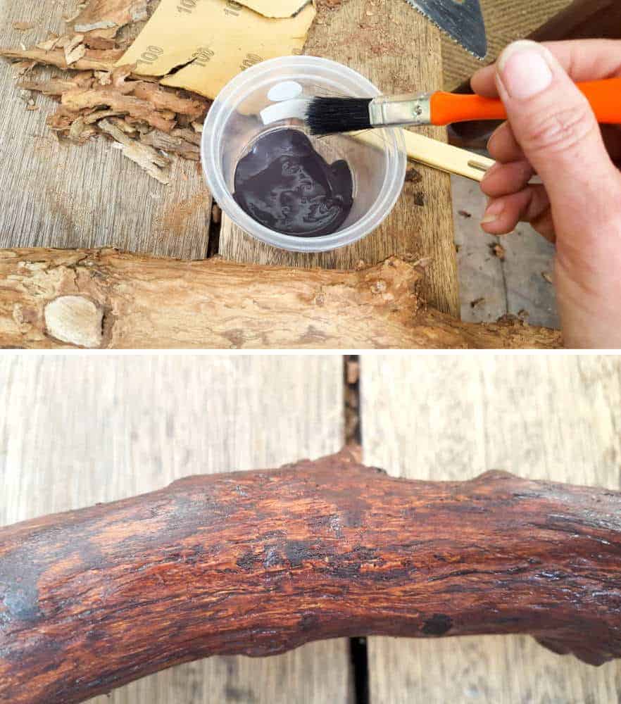 Stain the branch. #DIYHomeDecor #Branchtowelrack #branchrepurpose #DIYTutorial #DIYBathroomdecor #Acraftymix