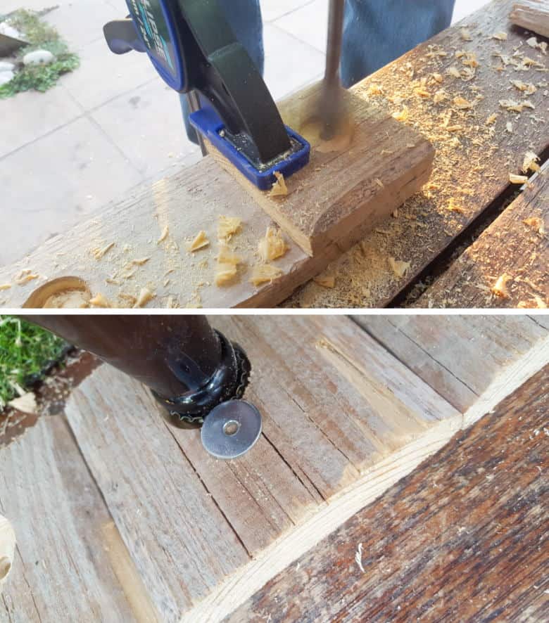 Use a hole saw drill bit to make a hole in the squares