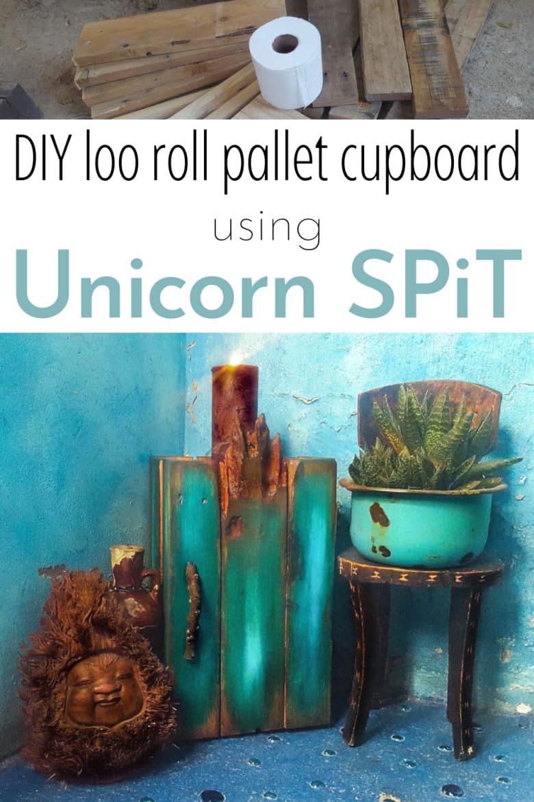 Turn grungy pallet scraps into a small bathroom cupboard and add a touch of whimsy with Unicorn SPiT #ACraftyMix