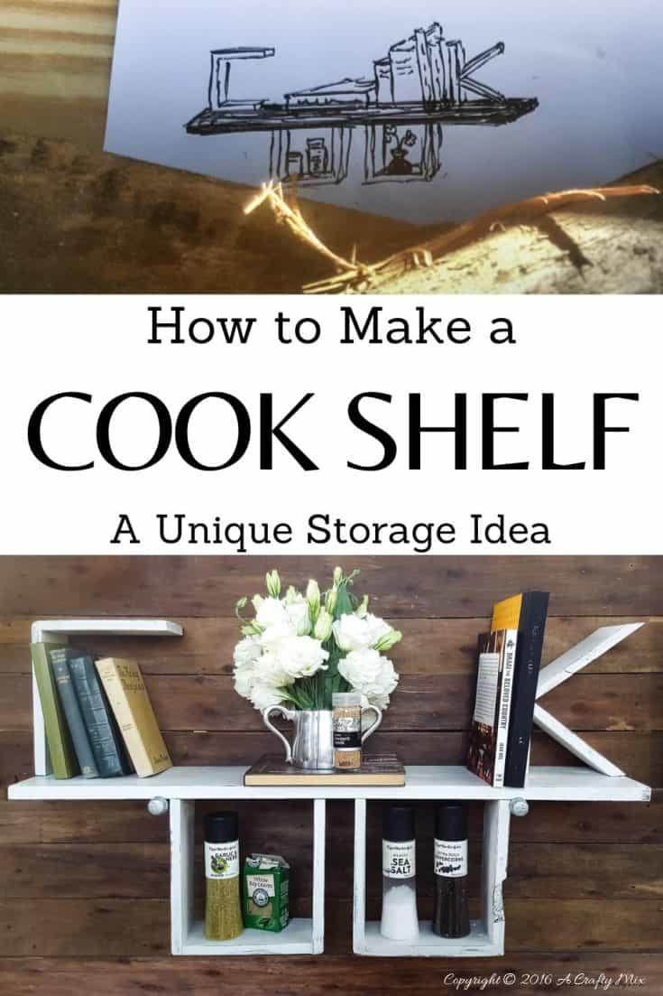 Make something special for the chef in your life. This unique COOK shelf is functional and easy to make from pallets or scrap wood. #StorageIdeas #CookShelf #ACraftyMix #PalletRepurpose #ShelfIdeas