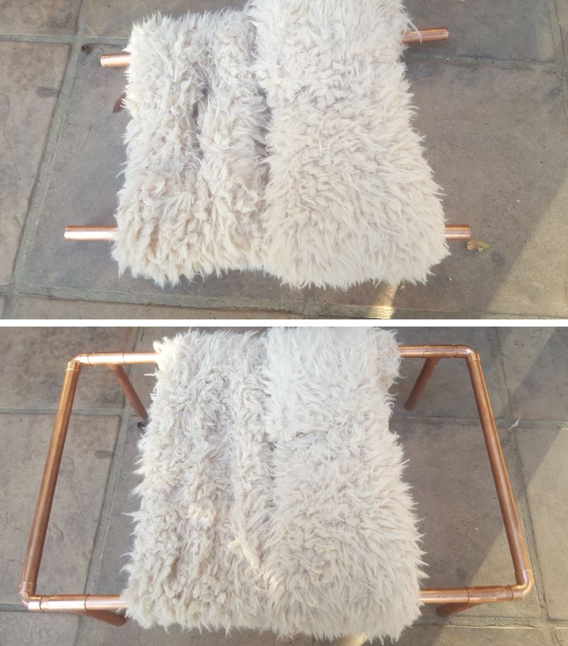 Repurpose an old sweater and copper pipes into a DIY bed for your purr babies. It's quick and easy to do, and a great way to recycle an those old sweaters! Your kitties will love it. #DIYCatBed #DIYPets #DIYHome #PetFriendly