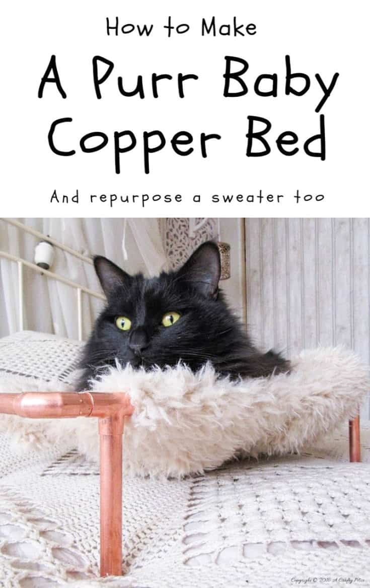 Repurpose an old sweater and copper pipes into a DIY bed for your purr babies. It's quick and easy to do, and a great way to recycle an those old sweaters! Your kitties will love it. #DIYCatBed #DIYPets #DIYHome #PetFriendly