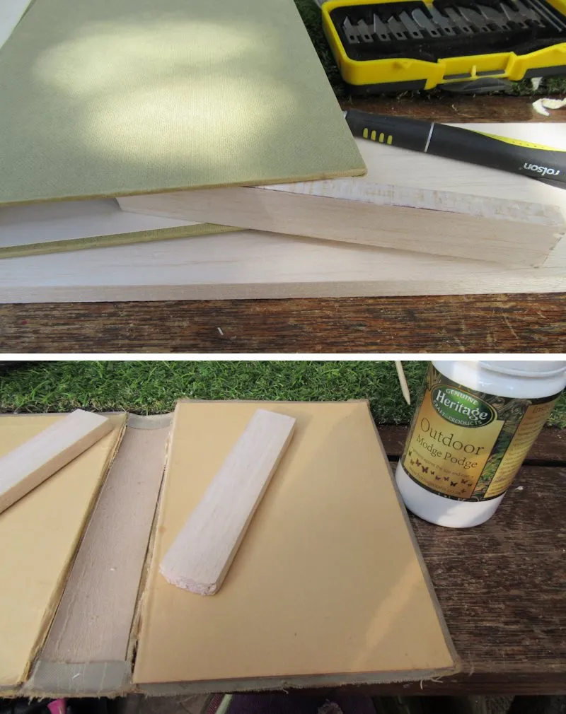 Seal the book covers and plywood with outdoor mod podge