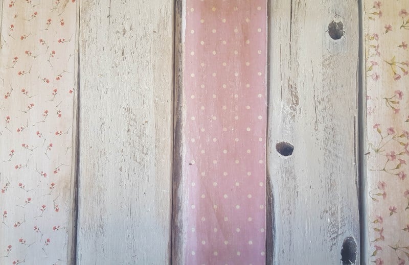 White chalk paint with scrapbook paper mod podged over the top