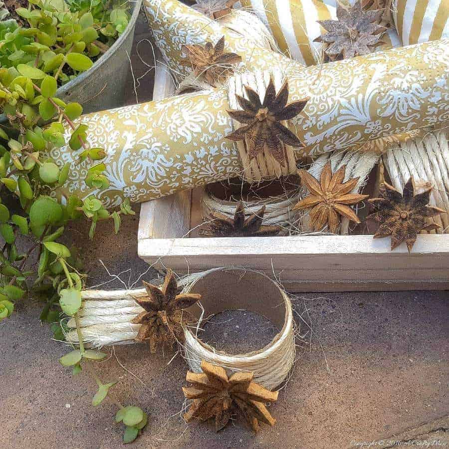 Quick and easy fall napkin rings using toilet rolls, string and seeds