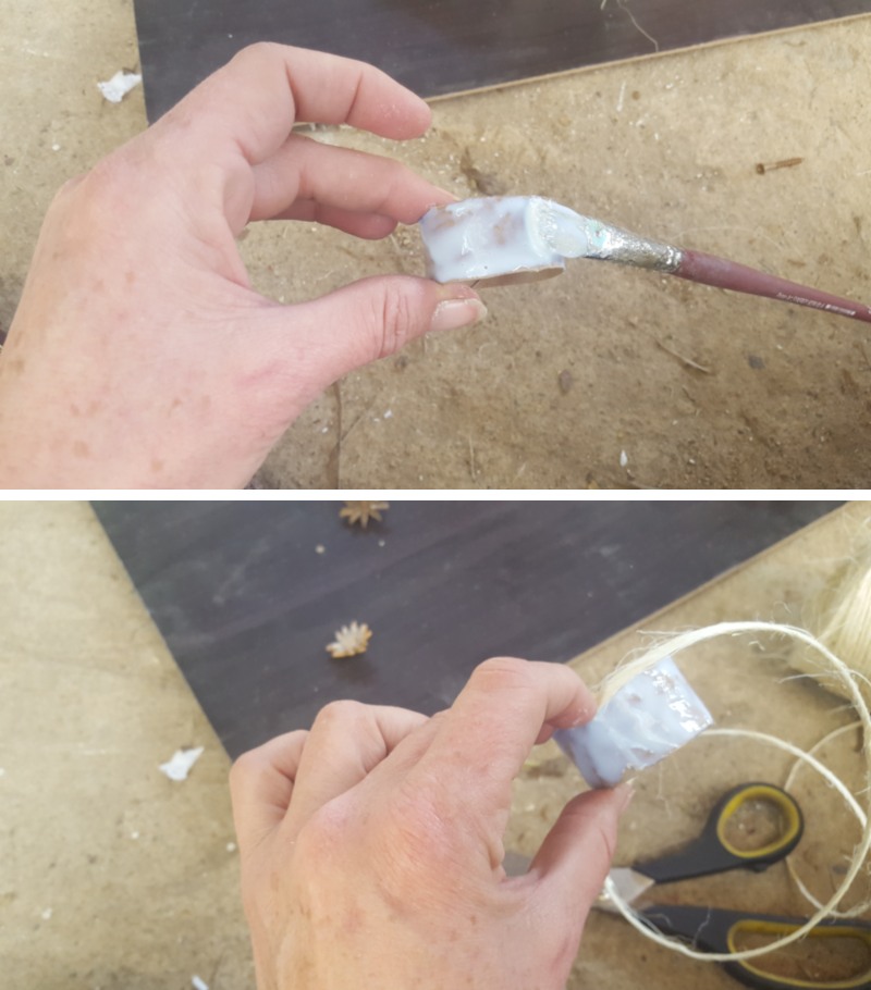 Paint the ring with mod podge and glue on the string