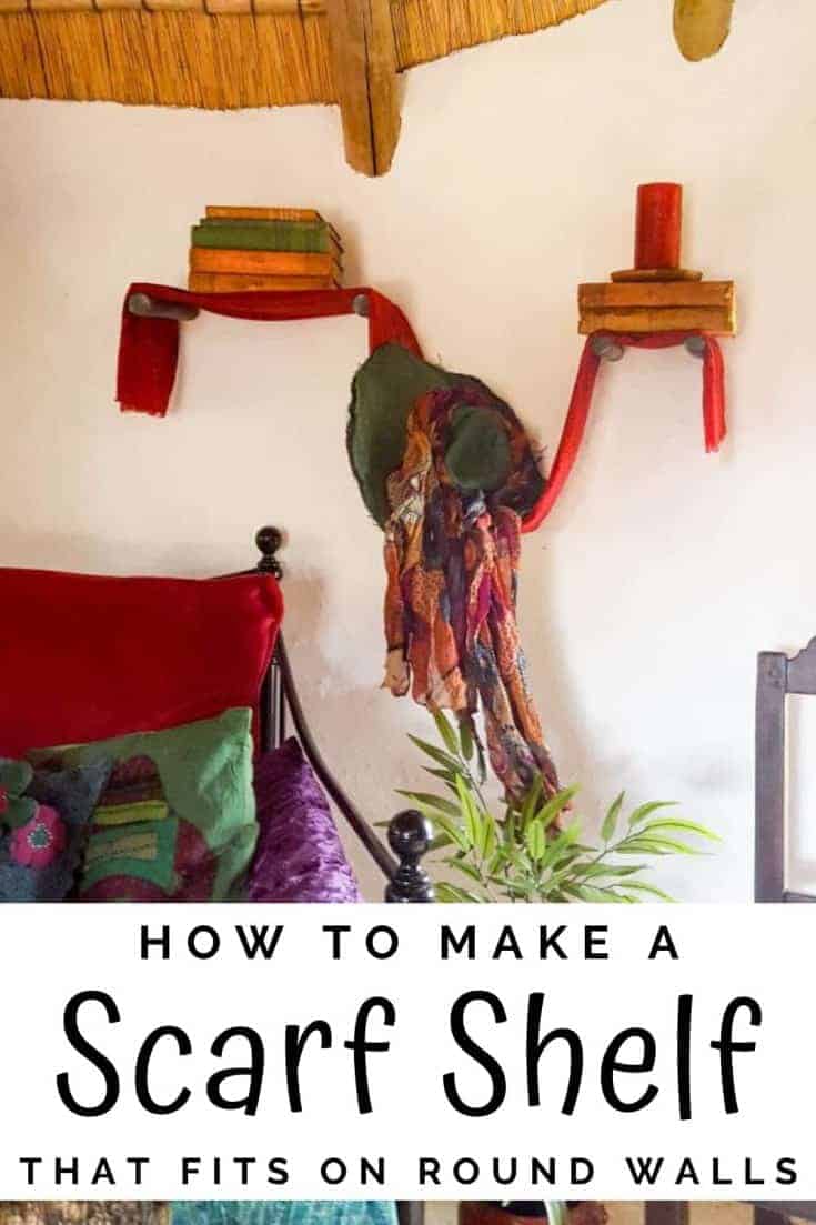 How to build a simple boho styled scarf shelf that will fits on straight or curved walls. This easy DIY idea looks great and it&rsquo;s perfect for storing little decor items in your home. #scarfshelf #scarfupcycle #acraftymix #uniqueshelf #bohoshelf #roundwalls #DIYShelf