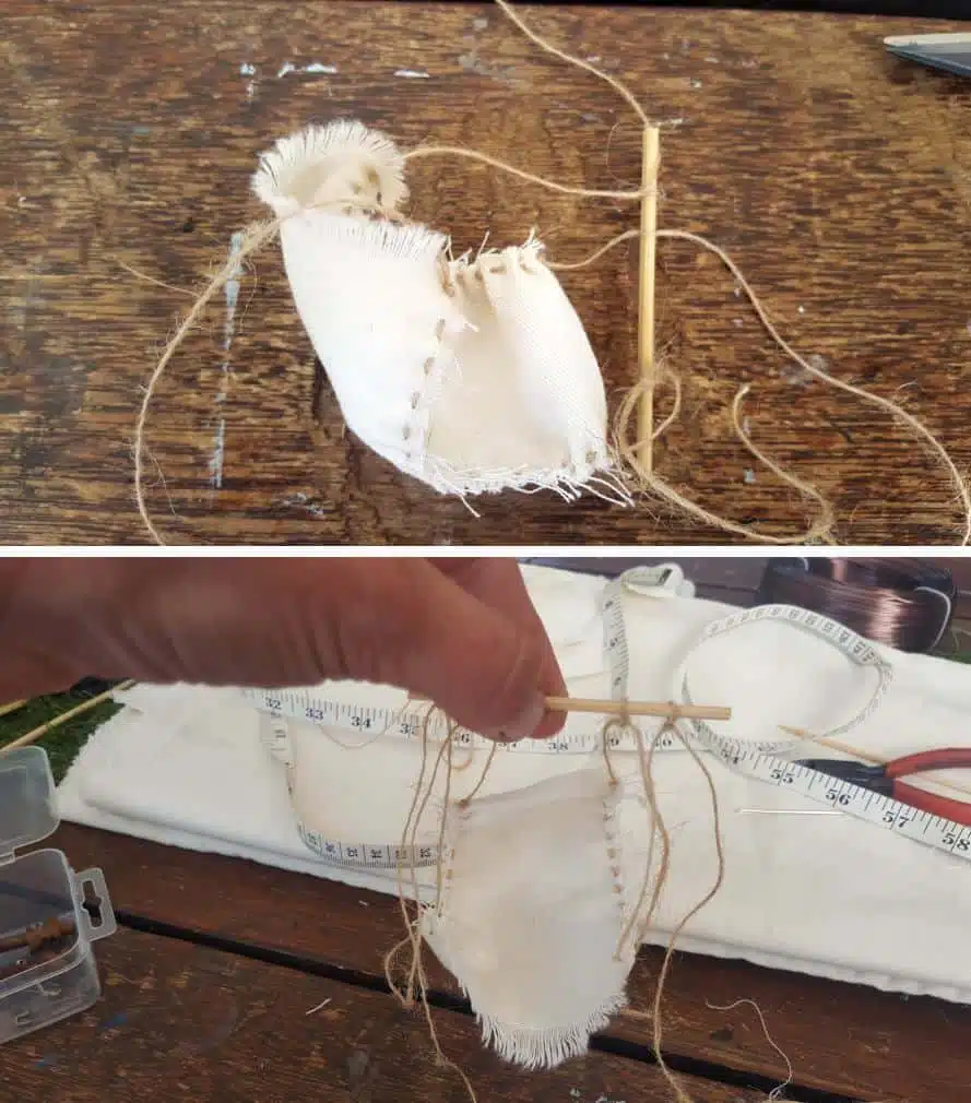 Tie the bottom string to the skewer