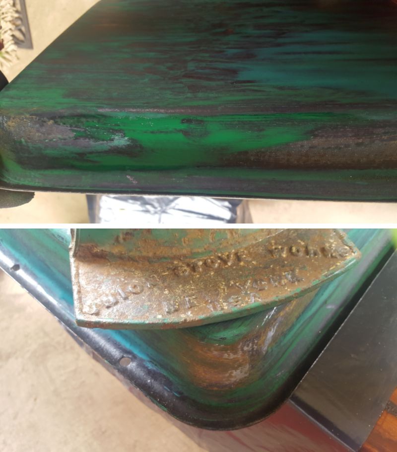 Sand and paint the roasting pan to match the paint of the cast iron stove