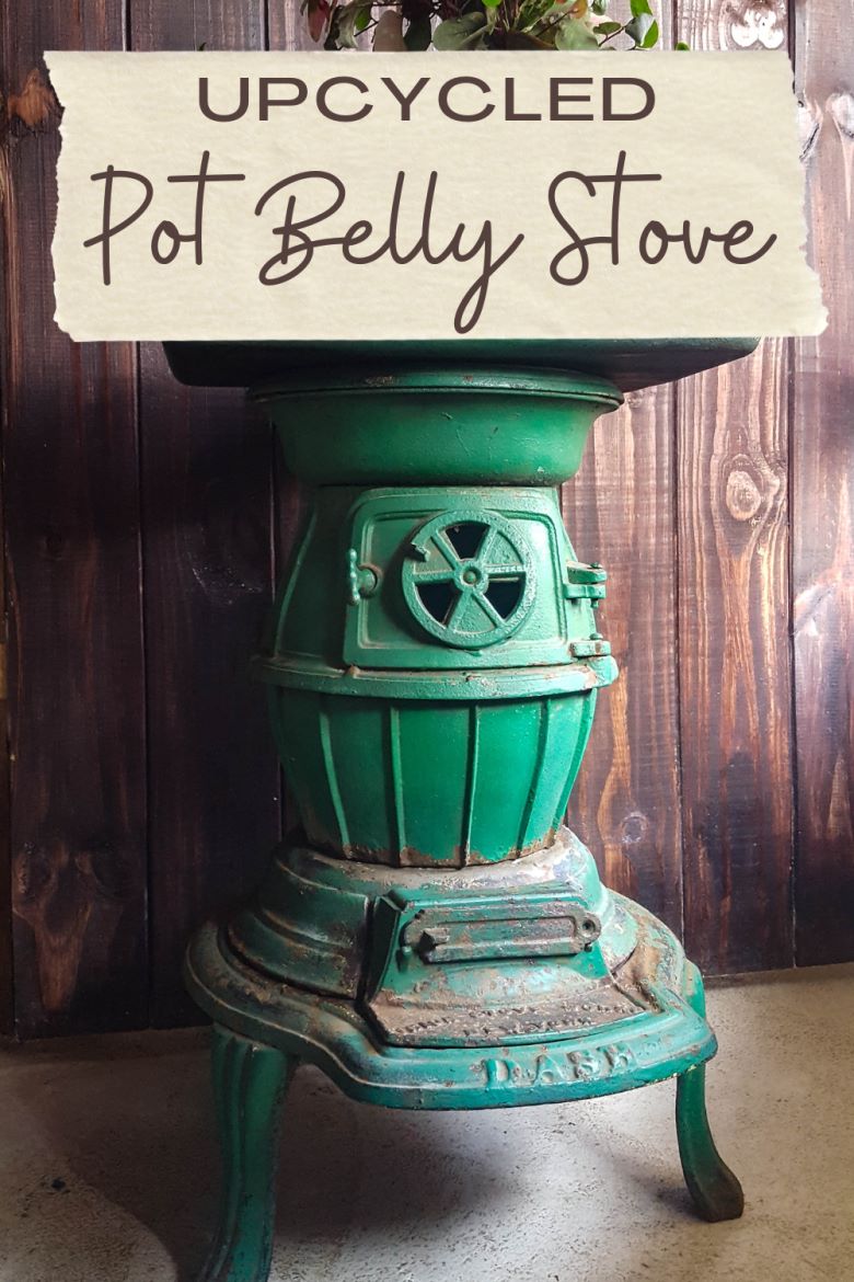 Repurpose a cast iron stove and an old roasting pan to make an interesting OOAK side table. Come see how we did it on the blog #Repurpose #Castironstove #ACraftyMix #recycledhomedecor #homedecor