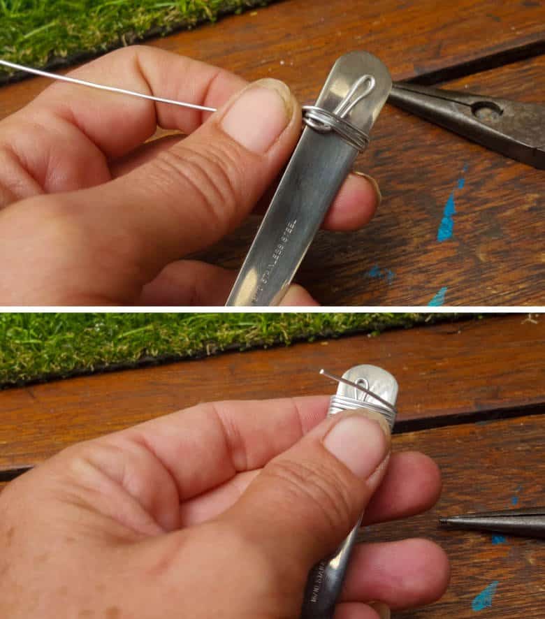 Continue wrapping the wire around the spoon a few times before cutting the wire