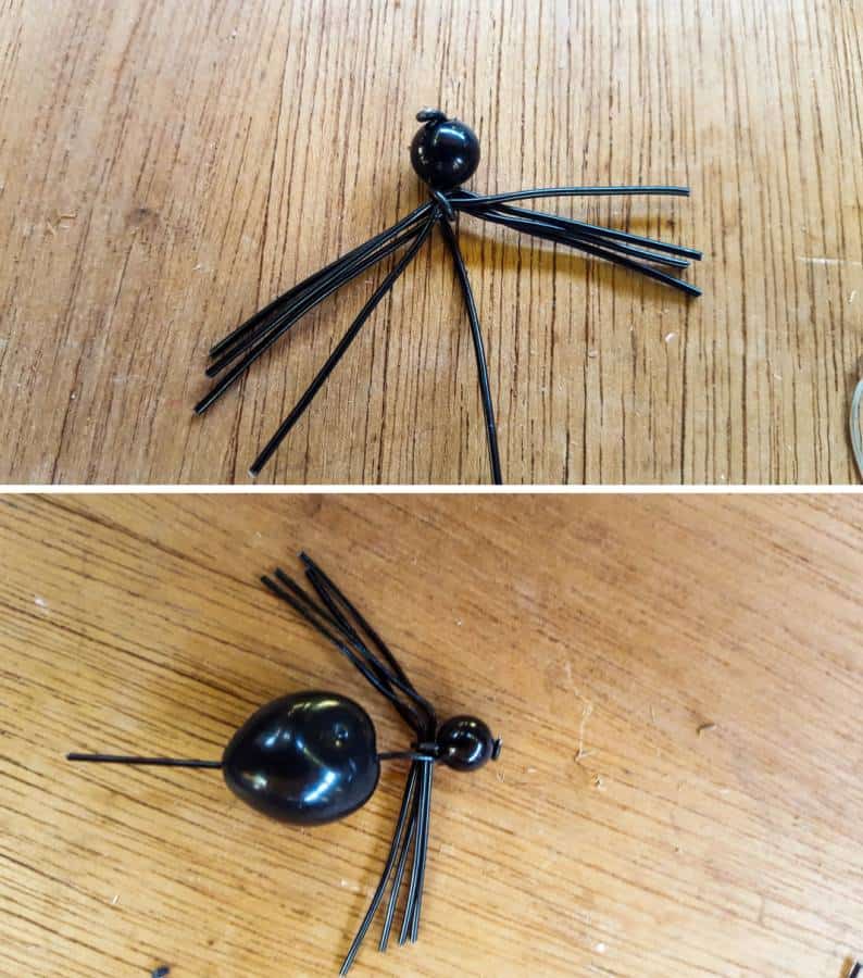 To make Matilda the spider wrap 4 strands of wire under the head bead and add the body