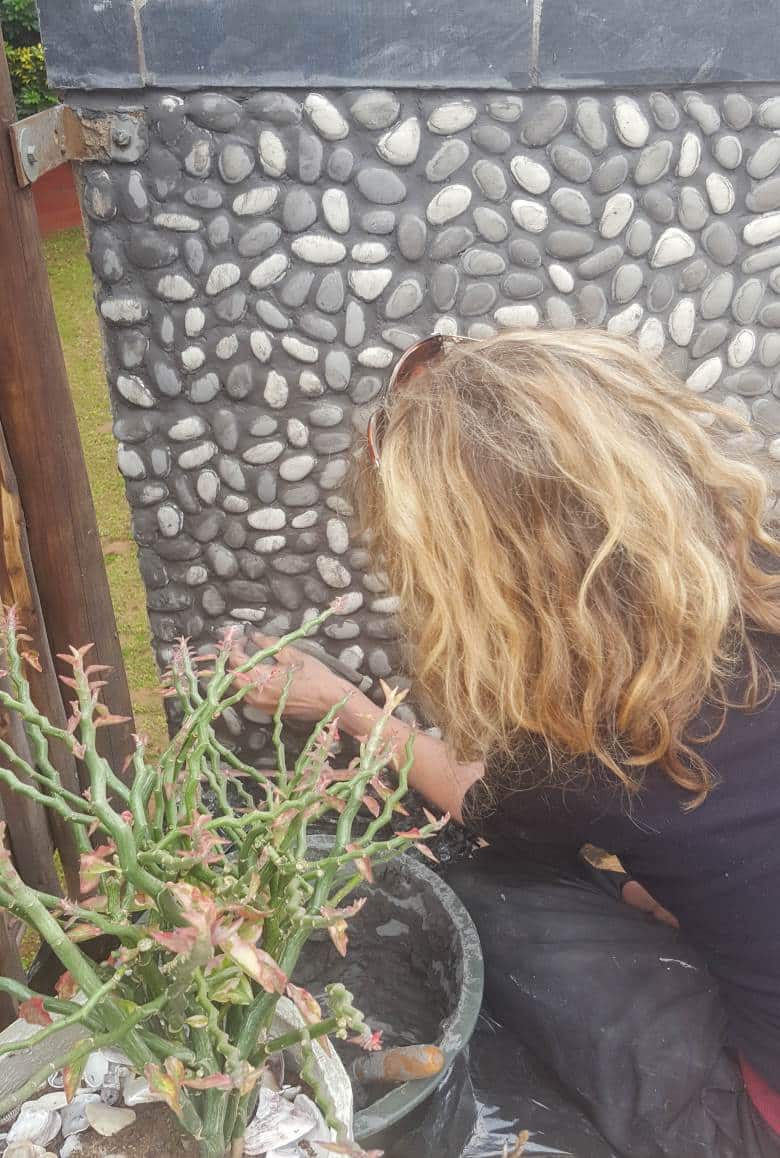 Fill the gaps between the pebbles with grout