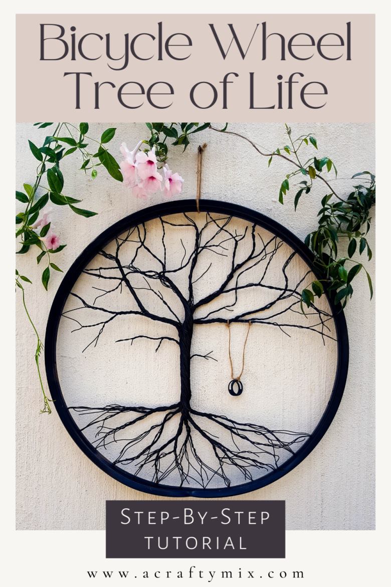 Have you ever considered repurposing a bent bicycle wheel into beautiful garden decor? This beginner-friendly tutorial will should you how easy it is to turn that wheel into a tree of life. #wireworks #ACraftyMix #GardenDecor