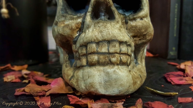 This easy to follow tutorial will show you how to age a Styrofoam or polystyrene skull and give it a spooktacular skull makeover. Can be used as a Halloween display or as a candle holder. #ACraftyMix